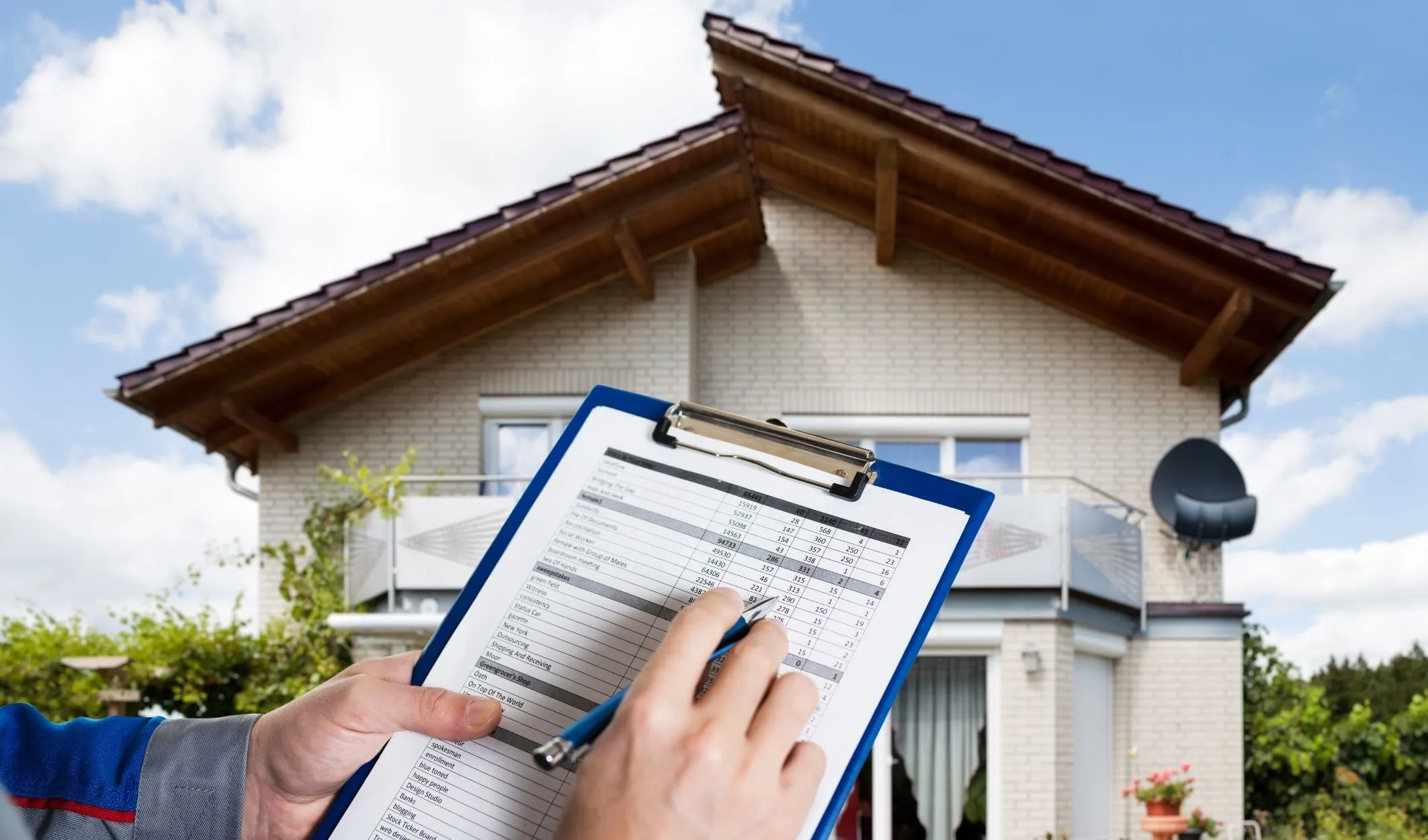 Reviewing a home checklist on a clipboard in front of a house